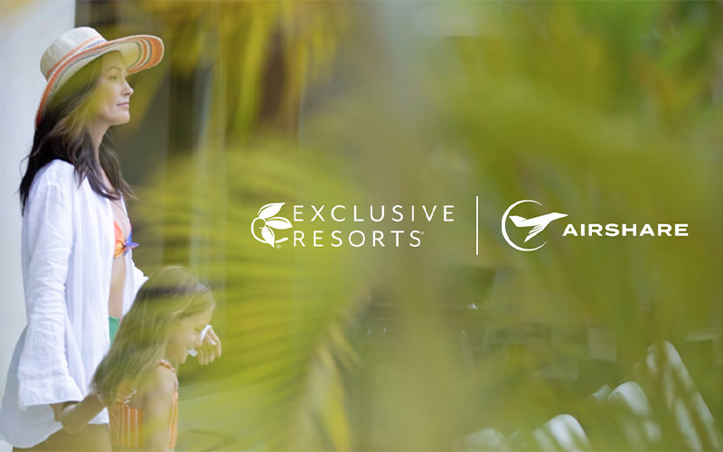 ER-002 Exclusive Resorts & Airshare Logo Lockup on tropical background with a vacationing mom and daughter.