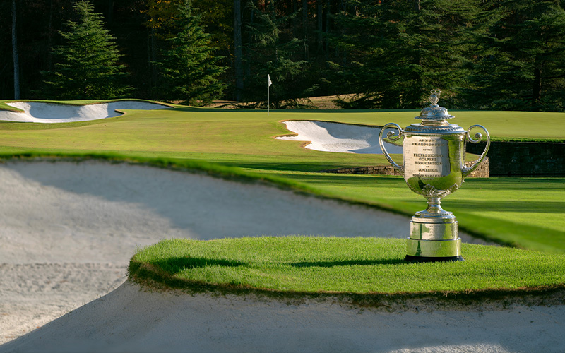 PGA-004 The PGA Championship trophy pictured sitting on the golf course.