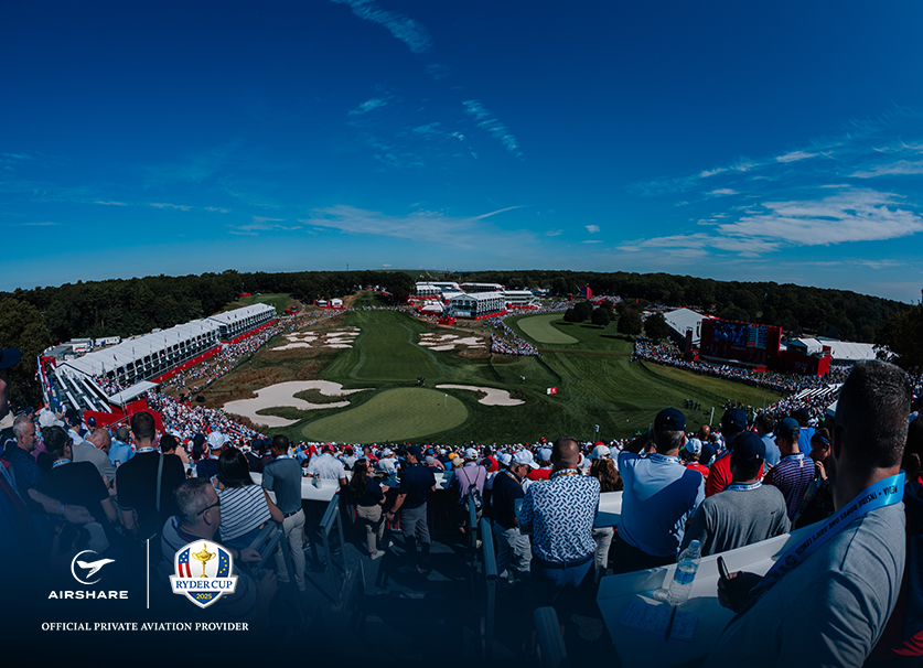 Panorama from the grandstands looking out to the green of Bethpage Black at the 2025 Ryder Cup.